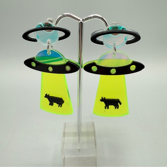 Alien Cow Spaceship Earrings - Neon Green and Black - Pierced - Picture 8 of 8